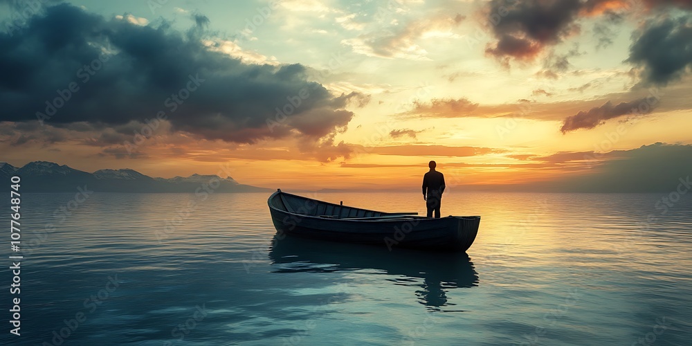 Silhouette of Man Standing in a Rowboat at Sunset with Dramatic Sky Silhouette of Man Standing in a Rowboat at Sunset with Dramatic Sky