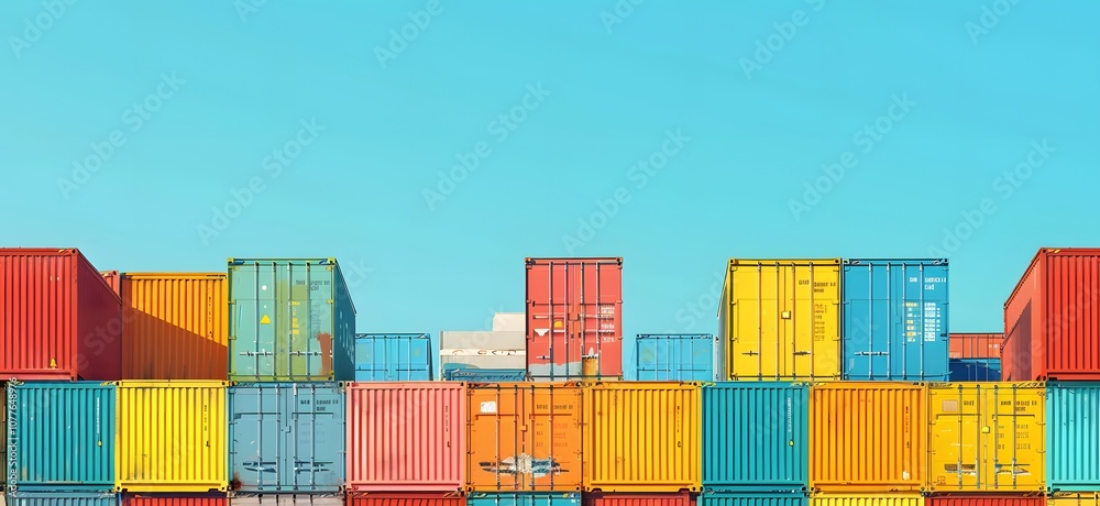 A colorful arrangement of shipping containers stacked against a clear blue sky. A colorful arrangement of shipping containers stacked against a clear blue sky.