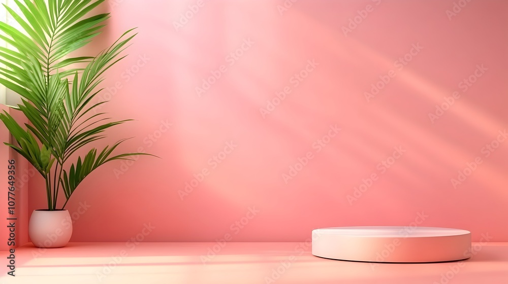Pastel Pink Minimalist 3D Studio Room with Empty Floor and Wall Product Podium Shadow Overlay from Window to Countertop and Soft Sunlight Pastel Pink Minimalist 3D Studio Room with Empty Floor and Wall Product Podium Shadow Overlay from Window to Countertop and Soft Sunlight