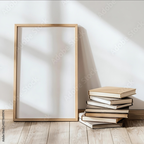 thin wooden picture frame with inside ratio of 23 in oak resting on a light wooden floorboards against a light colored wall small pile of books next to the frame ar