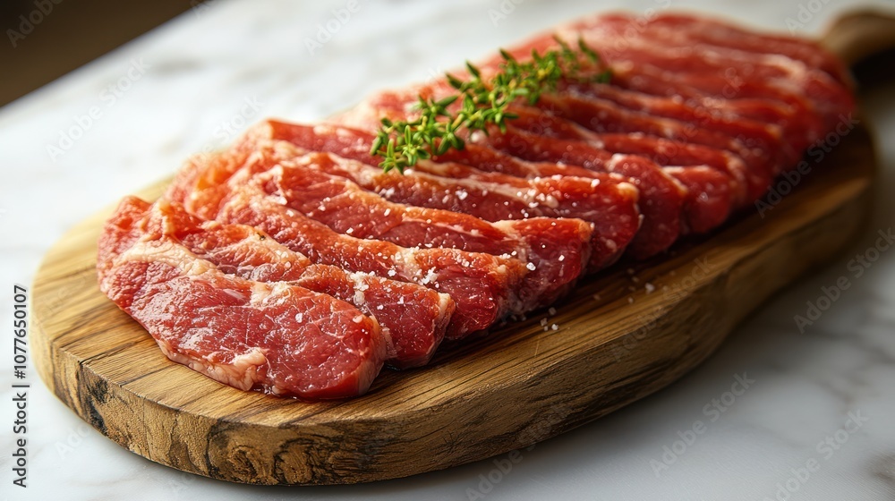Raw marinated meat slices on wooden cutting board. Raw marinated meat slices on wooden cutting board.