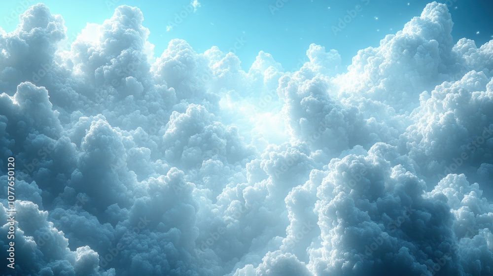 A serene view of fluffy clouds illuminated by soft light. A serene view of fluffy clouds illuminated by soft light.