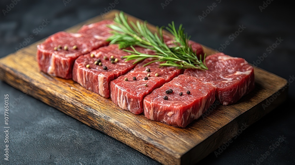 Raw beef steaks on wooden board with rosemary and peppercorns. Raw beef steaks on wooden board with rosemary and peppercorns.