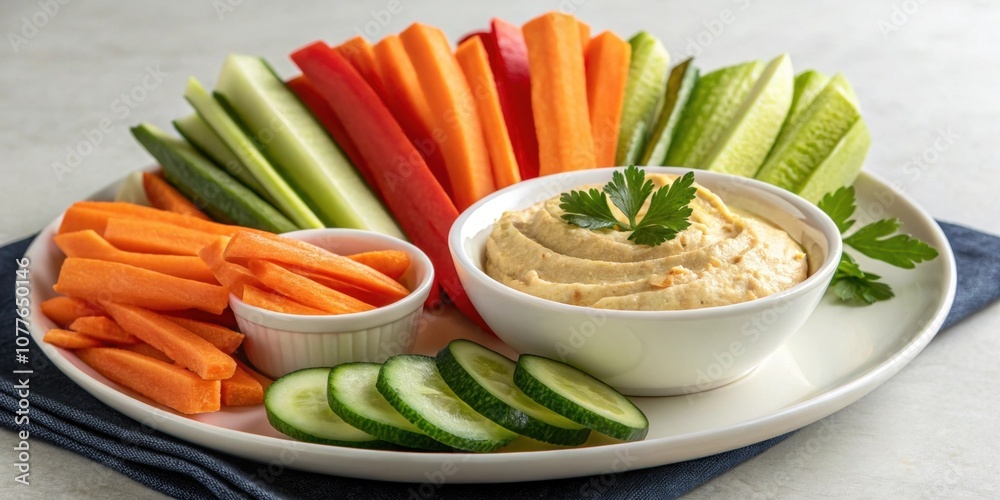 A snack plate featuring carrot sticks cucumber slices and hummus instead of a bowl of salty potato chips and dip. A snack plate featuring carrot sticks cucumber slices and hummus instead of a bowl of salty potato chips and dip.