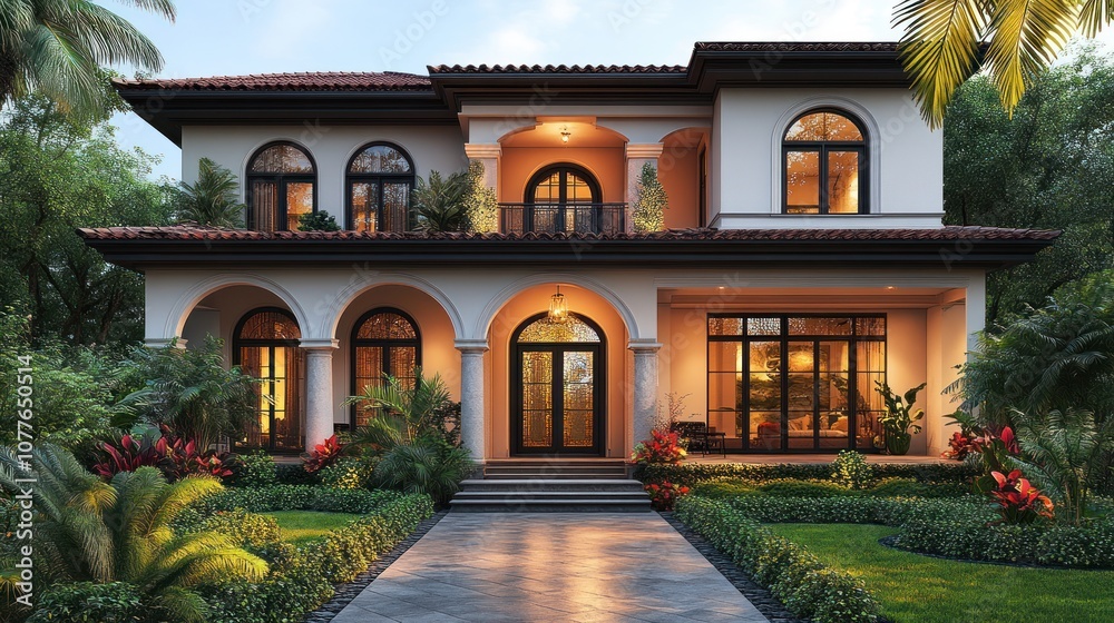 Elegant two-story house with lush landscaping and warm lighting.