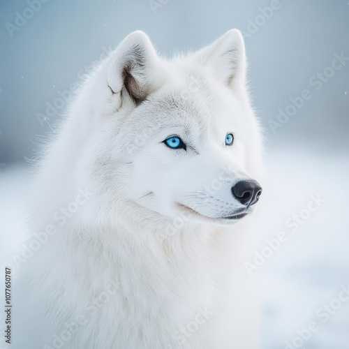 Majestic White Dog with Striking Blue Eyes Against a Snowy Background, Symbolizing Beauty, Wilderness, and the Spirit of Nature in Cold Environments