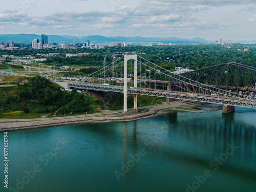 Pierre Laporte Bridge crossing the St Lawrence river, Quebec City, Quebec, Canada.