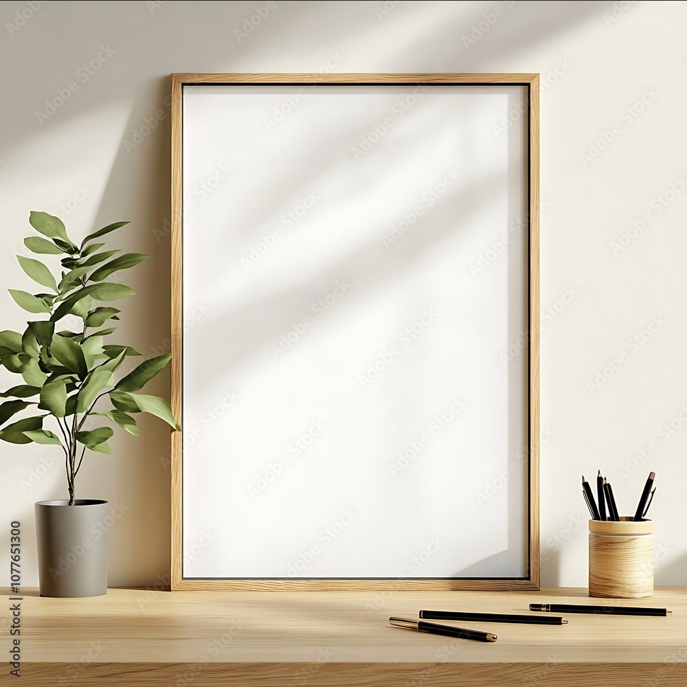 front view mockup 5070 size poster with wood frame stand on a wood desk with a small plant and pen holder front view mockup 5070 size poster with wood frame stand on a wood desk with a small plant and pen holder