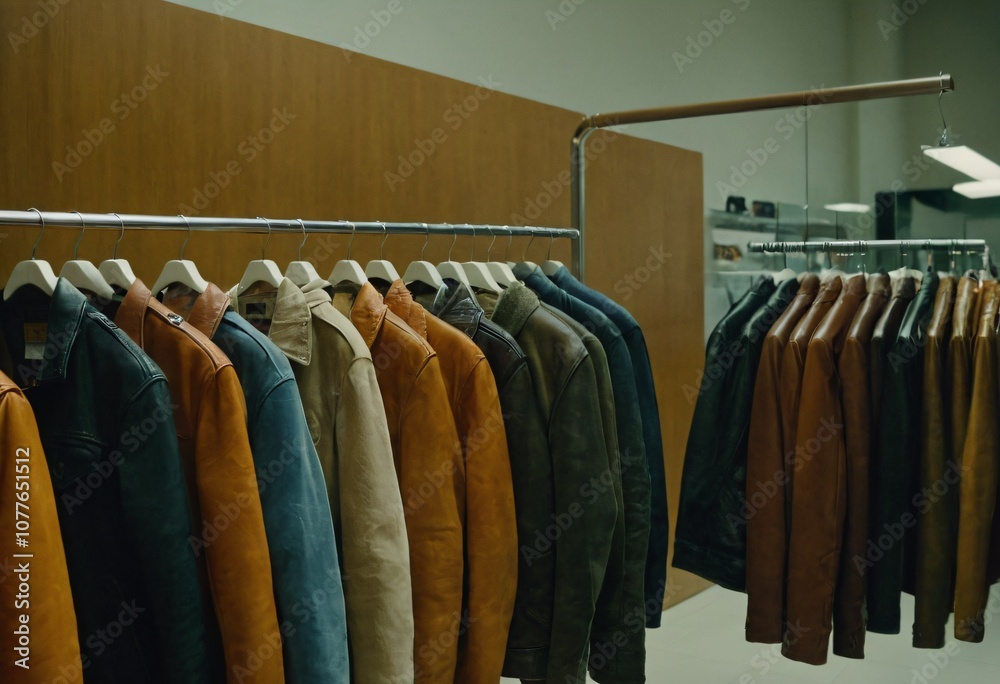 an engaging and stylish scene featuring a diverse collection of jackets on hangers. The jackets vary in style and material, including suede, leather, and denim. Ai generated image. an engaging and stylish scene featuring a diverse collection of jackets on hangers. The jackets vary in style and material, including suede, leather, and denim. Ai generated image.