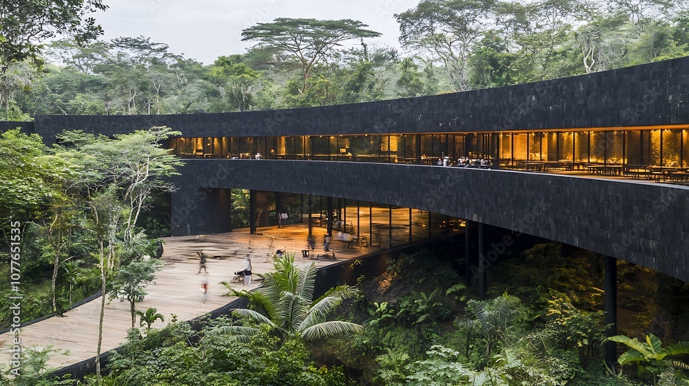 Modern Black Stone Structure Built Over Lush Green Tropical Jungle Modern Black Stone Structure Built Over Lush Green Tropical Jungle