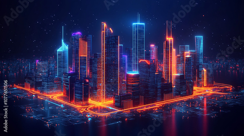 Smart city on a dark blue background, featuring intelligent infrastructure and connected buildings. This futuristic cityscape showcases IoT, 5G and AI integration network.