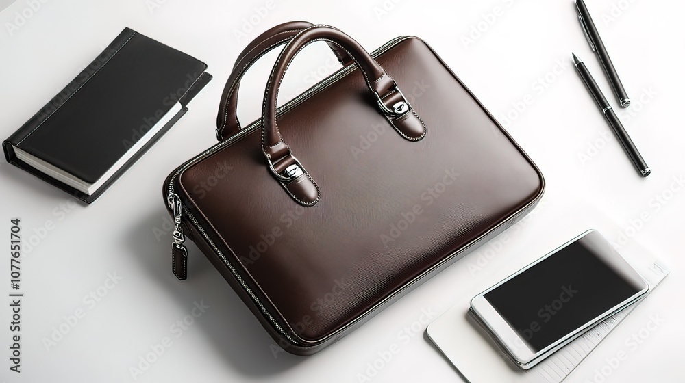 A brown leather briefcase, a black notebook, a smartphone, and two pens on a white background. A brown leather briefcase, a black notebook, a smartphone, and two pens on a white background.