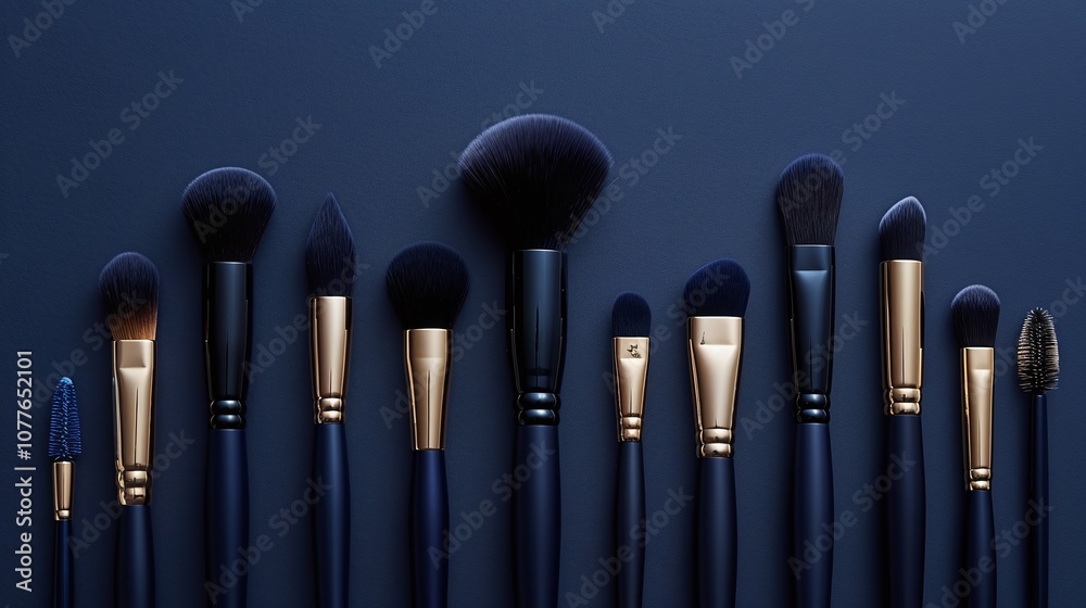 Professional makeup brushes on dark blue background, gold accents, luxury cosmetic tools, beauty essentials, elegant design, soft bristles, stylish beauty equipment
Professional makeup brushes on dark blue background, gold accents, luxury cosmetic tools, beauty essentials, elegant design, soft bristles, stylish beauty equipment