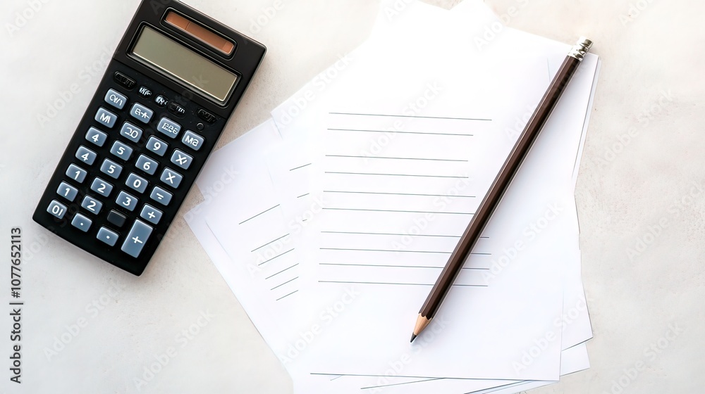 A calculator and pencil sit on a desk with a blank notepad. A calculator and pencil sit on a desk with a blank notepad.