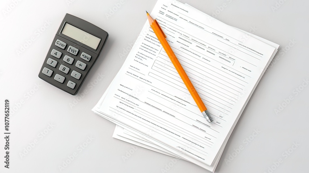 A calculator, pencil, and a stack of blank forms on a white surface. A calculator, pencil, and a stack of blank forms on a white surface.