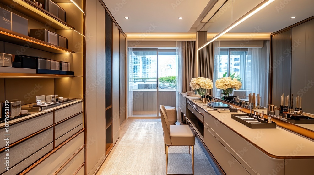Luxury Dressing Room with Vanity and City View Luxury Dressing Room with Vanity and City View