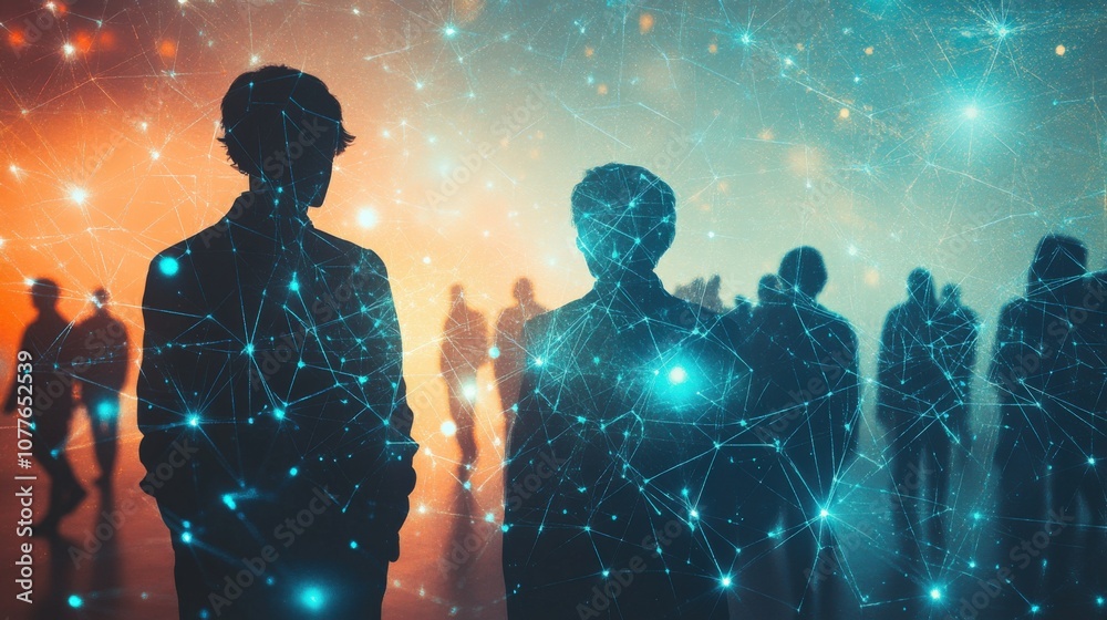 Silhouetted Figures Amidst an Ethereal Network of Light and Color