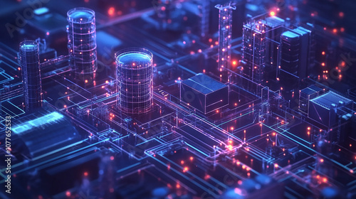 The Internet of Things IoT in manufacturing. Integration of connected devices to optimize production, maintenance, inventory and factory operations in new era of Industry 4.0 isometric digital network