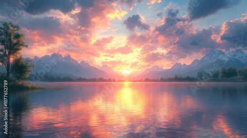 Serene sunset over mountains reflecting in a tranquil lake.