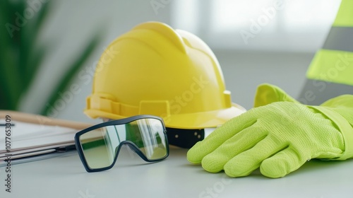 A bright yellow hard hat, safety glasses, and gloves are arranged on a table, illustrating essential construction safety gear. photo