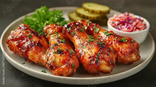 Plate of BBQ chicken wings with pickles and coleslaw.