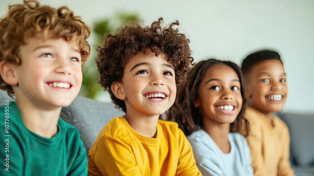 Four cheerful children sitting together, smiling brightly in a cozy indoor setting. Four cheerful children sitting together, smiling brightly in a cozy indoor setting.