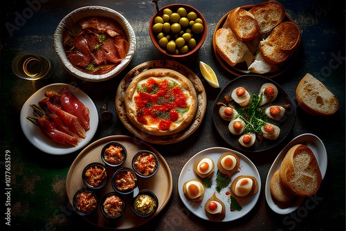 Italian antipasti food selection over dark rustic background. Top view.