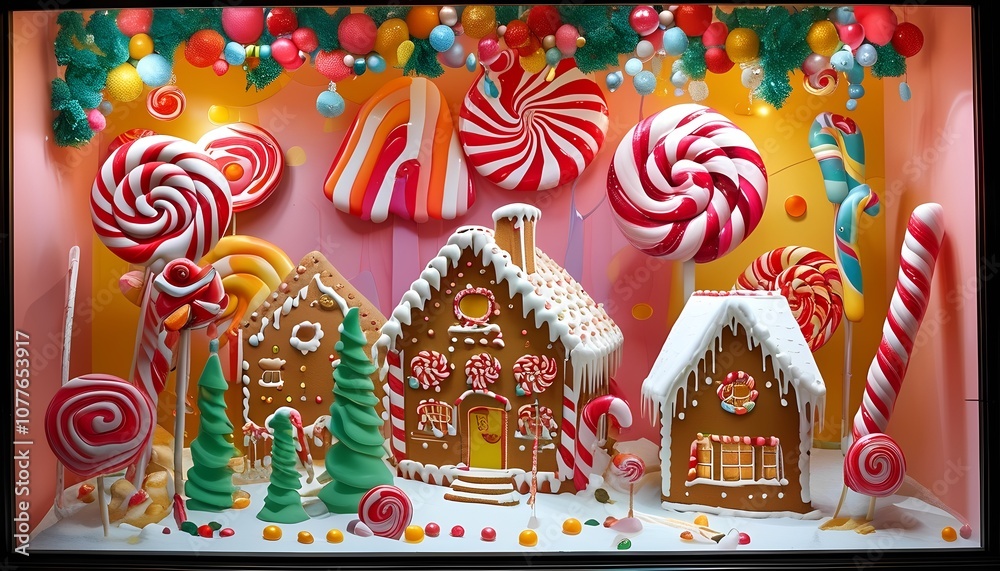 Fototapeta premium Create a whimsical gingerbread village displaying festive candy decorations for a sweet holiday atmosphere