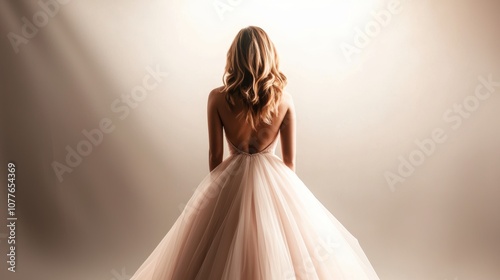 Elegant bride in a flowing gown against soft lighting photo