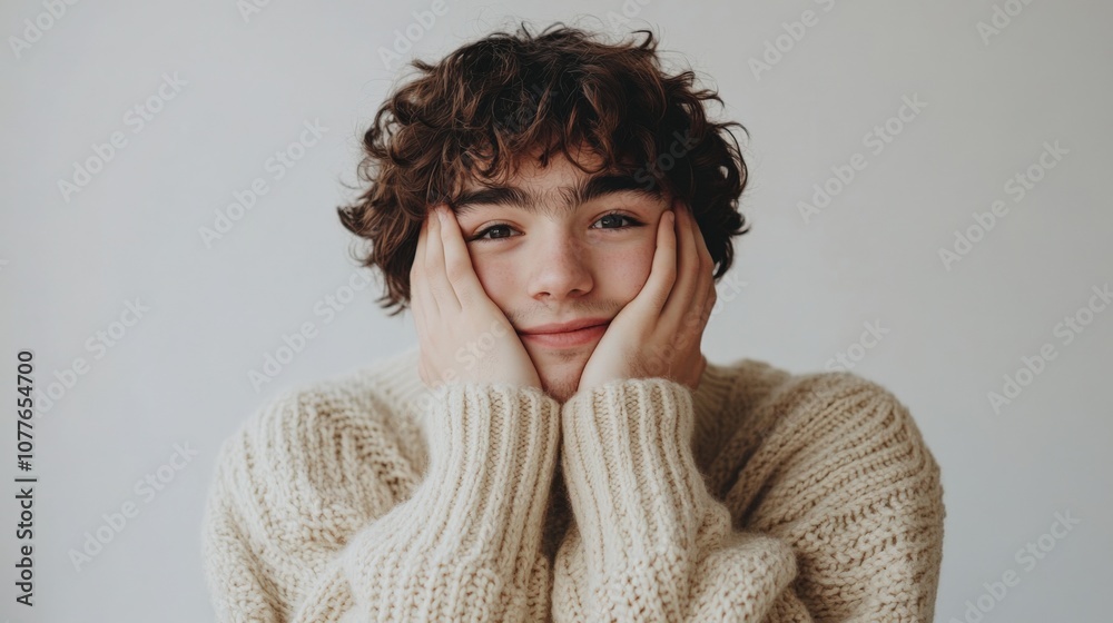 Cheerful Young Man Embracing Cozy Comfort in Sweater Cheerful Young Man Embracing Cozy Comfort in Sweater