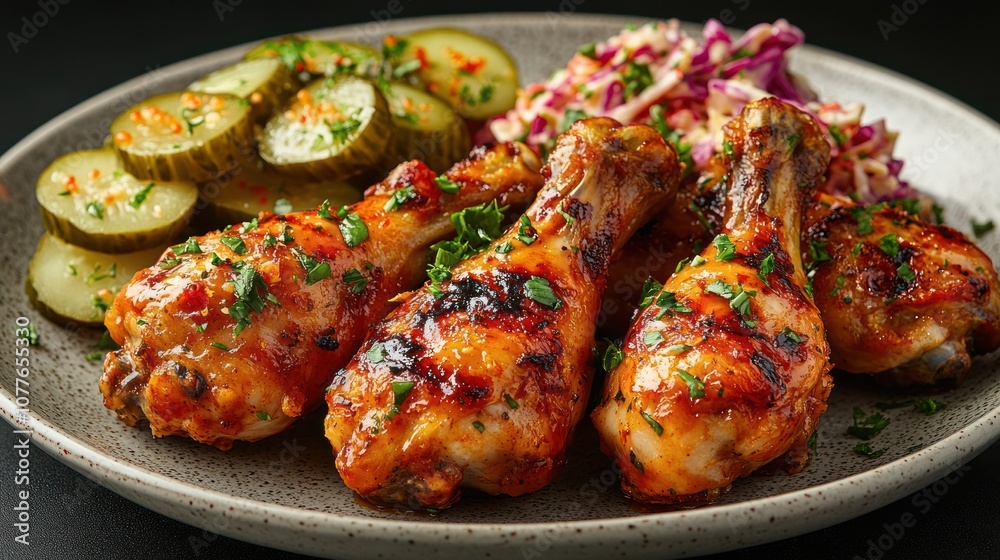 Grilled chicken drumsticks with coleslaw and pickles on a plate.