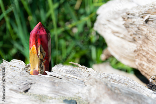 A close up image of a red and yellow Mookite Jasper crystal tower on a driftwood log.  photo