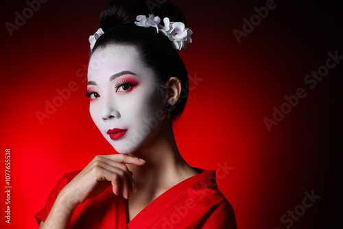 Obraz na płótnie Beautiful young geisha on dark red background