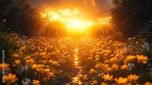 A vibrant sunset over a flower-filled path in nature.