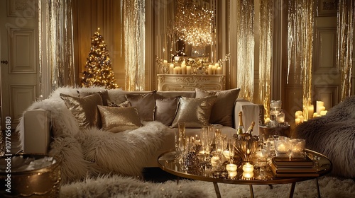 Elegant and Cozy Living Room Decked Out for a Glamorous New Year s Eve Sparkling Candles Champagne Glasses and a Warm Inviting Atmosphere