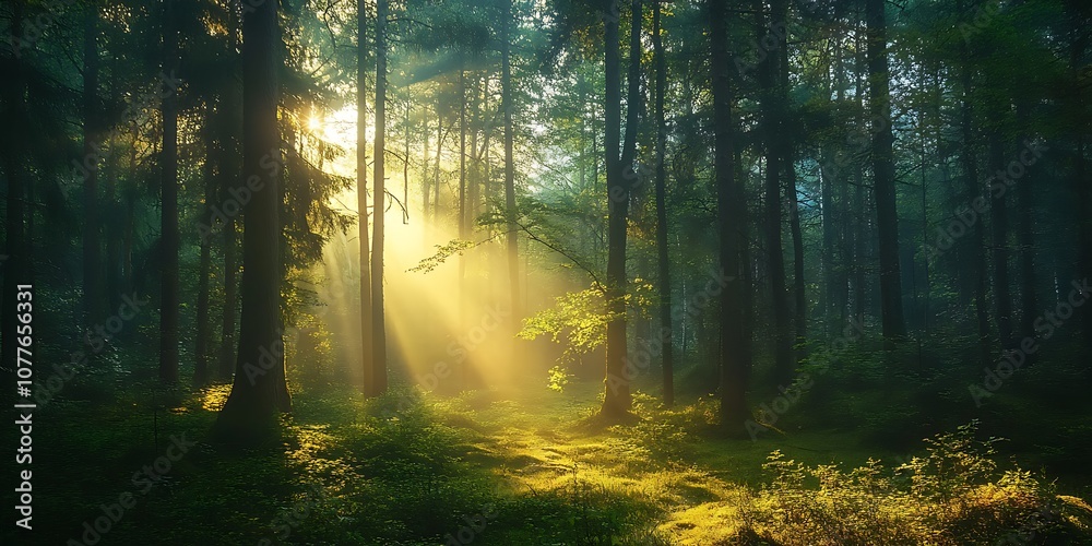 Fototapeta premium Sun Rays Illuminating Path Through Dense Forest