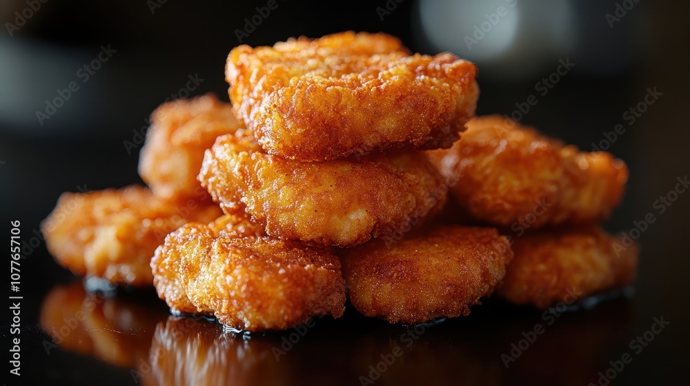 Close-up of a stack of golden brown potato tots on a black surface. Close-up of a stack of golden brown potato tots on a black surface.