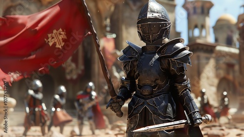 A Medieval Knight in Full Armor, Holding a Sword and a Flag, Standing on a Battlefield