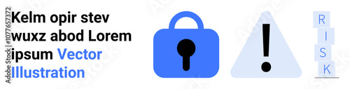 Blue lock icon, gray exclamation mark inside triangle, RISK text blocks. Ideal for cyber security, data protection, risk management, IT services, online safety, secure transactions. Banner