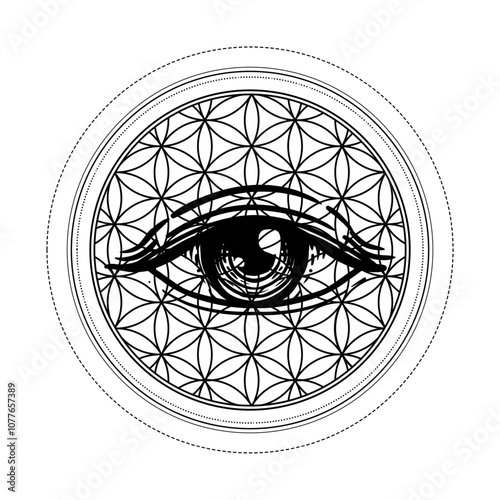 Eye with sacred geometry symbol tattoo design. Seed of Life. Ancient geometric spiritual symbol. Overlapping circles floral pattern, Flower of Life. Black and white vector illustration.