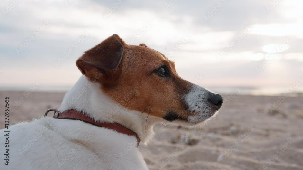 Portrait close-up dog Jack Russell Terrier looking thoughtfully into distance while sitting on beach. Calm ocean cloudy sky create peaceful atmosphere, highlighting dog’s focus and curiosity. Pet care Portrait close-up dog Jack Russell Terrier looking thoughtfully into distance while sitting on beach. Calm ocean cloudy sky create peaceful atmosphere, highlighting dog’s focus and curiosity. Pet care