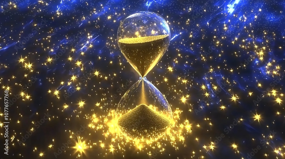 Glowing Hourglass with Golden Sand Flowing Under a Starlit Cosmic Night Sky Symbolizing the Passage of Time and the Approaching New Year A Magical Mystical and Timeless Visual Metaphor Glowing Hourglass with Golden Sand Flowing Under a Starlit Cosmic Night Sky Symbolizing the Passage of Time and the Approaching New Year A Magical Mystical and Timeless Visual Metaphor