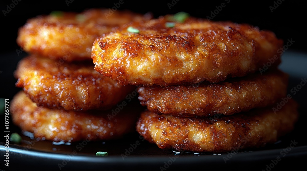 Crispy golden brown potato pancakes stacked on a black plate, garnished with chives. Crispy golden brown potato pancakes stacked on a black plate, garnished with chives.