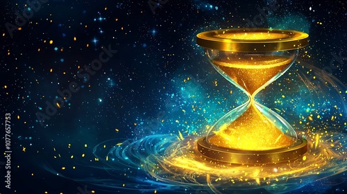 Glowing golden hourglass with flowing sand counting down the seconds to a new year against a dark background filled with twinkling celestial stars and a mystical magical atmosphere photo