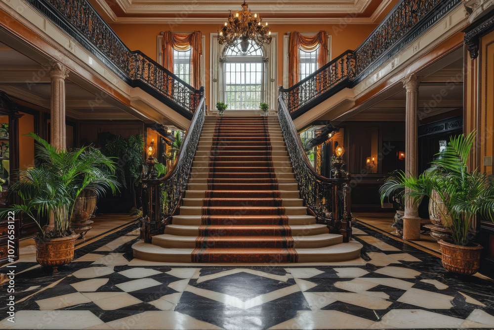 Grand staircase with elegant design, featuring ornate railings, luxurious carpeting, and lush greenery in a lavish, well-lit interior space. Grand staircase with elegant design, featuring ornate railings, luxurious carpeting, and lush greenery in a lavish, well-lit interior space.