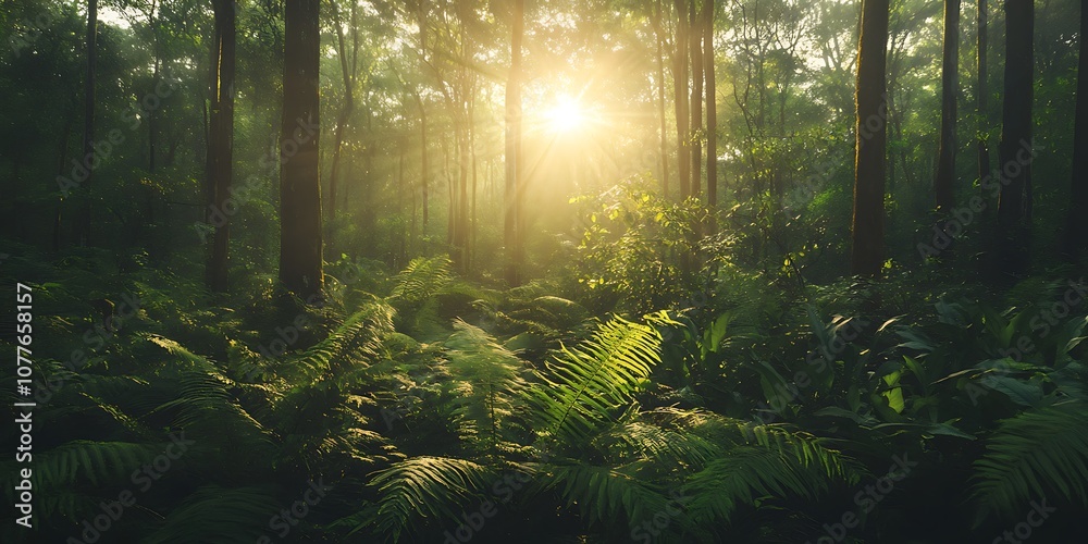 Sun shining through dense rainforest trees and foliage. Sunlight filtering through dense canopy. Sun shining through dense rainforest trees and foliage. Sunlight filtering through dense canopy.