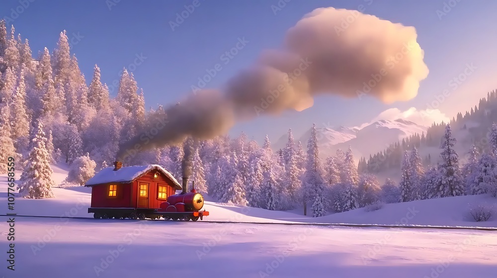 A Red Steam Train Chugging Through a Snowy Mountain Landscape A Red Steam Train Chugging Through a Snowy Mountain Landscape