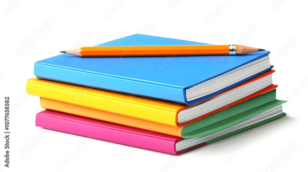 A stack of four colorful books with a yellow pencil on top.