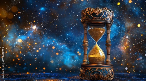 Majestic Hourglass with Golden Sand Grains Flowing on a Starry Cosmic Backdrop Capturing the Essence and Mystique of Time s Eternal Passage Towards the Next New Year or Anniversary photo