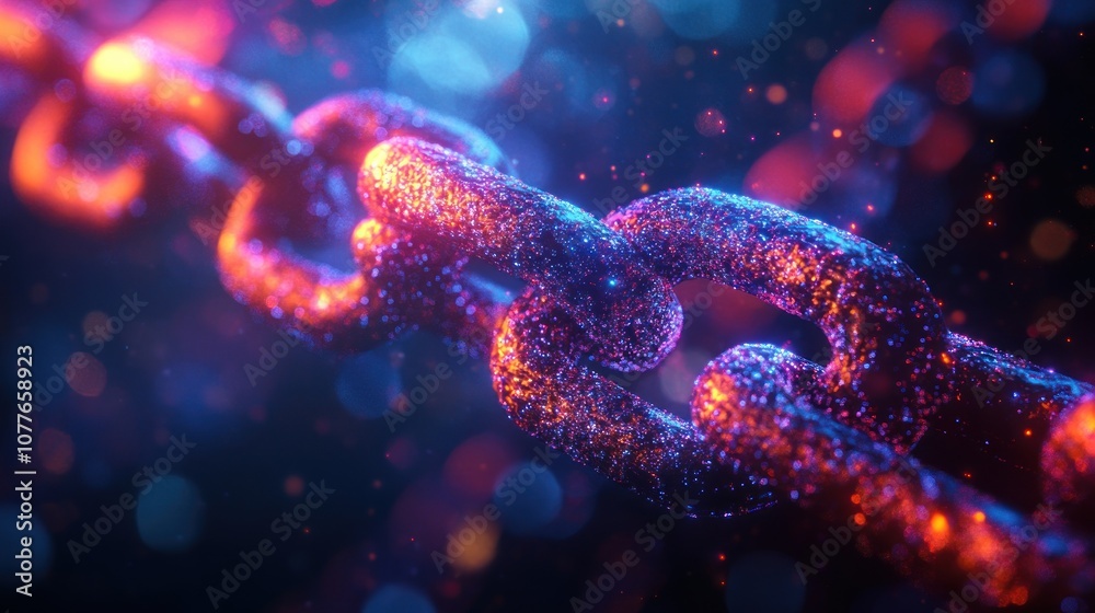A close-up of a glowing chain with a blurred background of red and blue lights. A close-up of a glowing chain with a blurred background of red and blue lights.